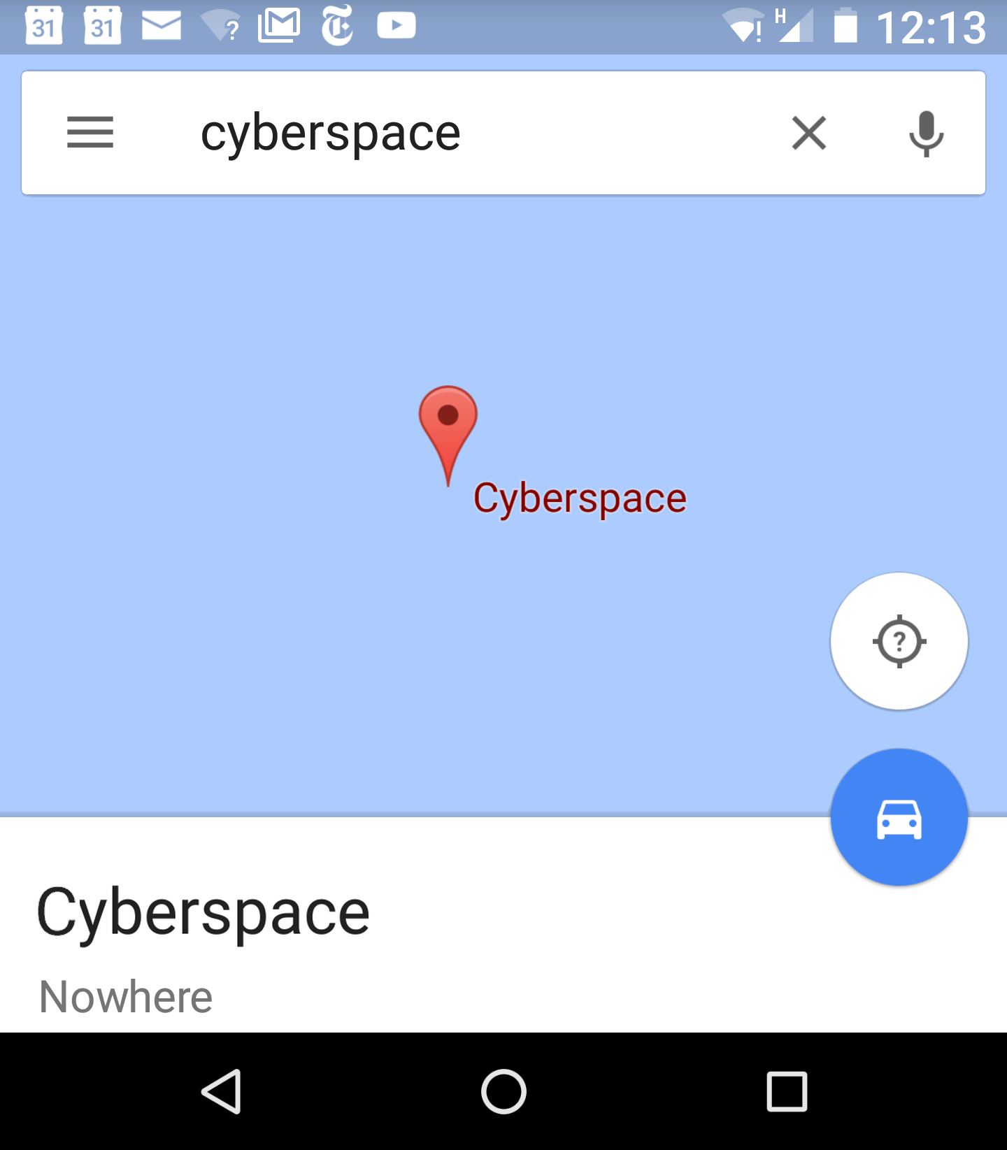Image of Cyberspace as being nowhere in a blank map