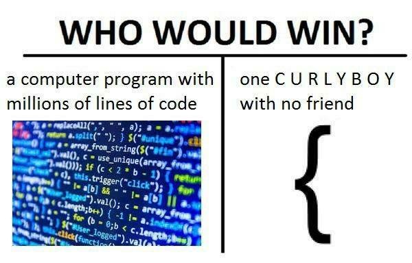 A meme: Who would win: a computer program with millions of lines of code [image of code], or one C U R L Y B O Y with no friend [{]?