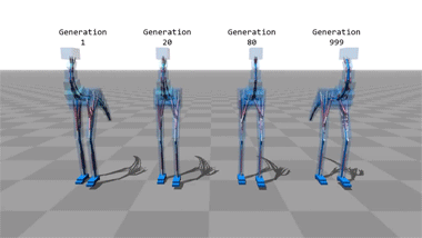An animation of a digital simulation learning to walk.